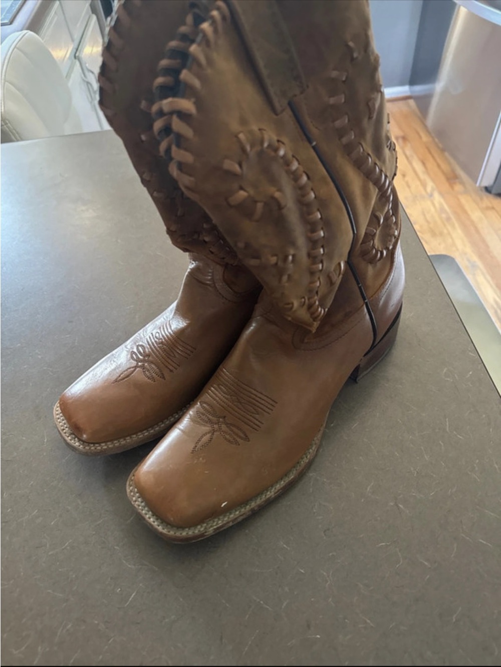 Stetson Tan Brown Leather Western Cowboy Boots with Braided Shaft